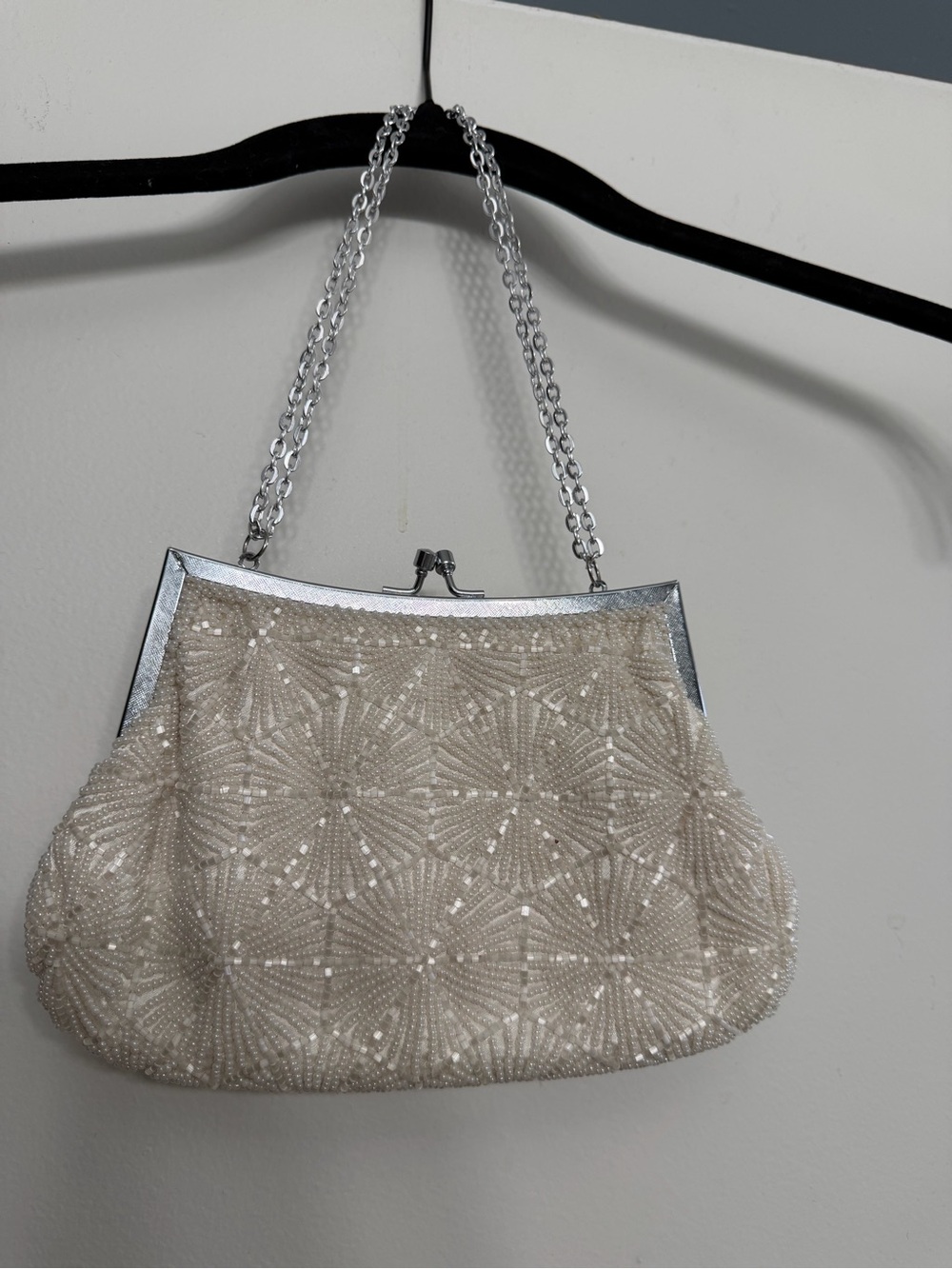MAGID (Made in Hongkong) Beaded Cream Evening Clutch with Silver Chain